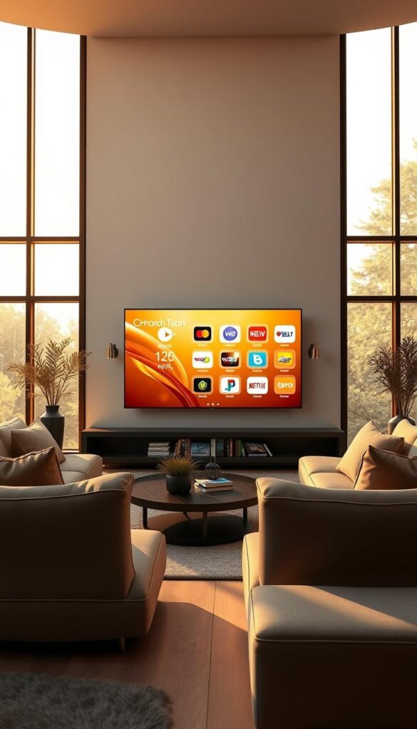 A stunning IPTV Gold Premium experience. A sleek, modern living room with floor-to-ceiling windows bathed in warm, natural light. A large, high-definition television takes center stage, showcasing the sharp, vibrant visuals of the Hoxtoon Provider IPTV service. Plush, luxurious seating surrounds the TV, inviting viewers to sink in and immerse themselves in the content. The room is tastefully decorated with minimal, contemporary furnishings, creating a sense of elegance and sophistication. The IPTV Gold Premium interface is prominently displayed on the screen, its intuitive design and rich, customizable features evident. The overall atmosphere exudes a feeling of exclusivity and the ultimate in streaming entertainment.