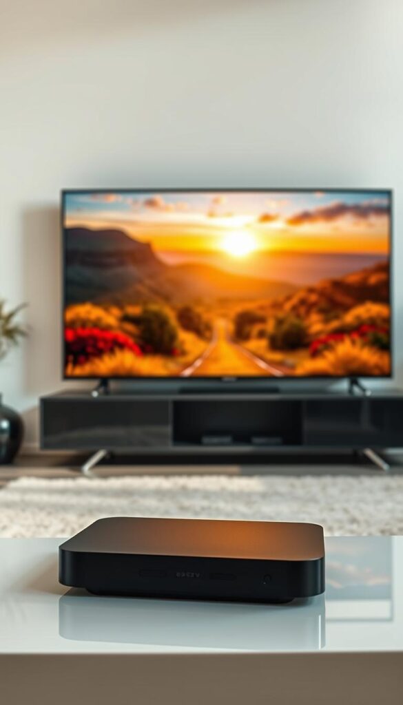 A stunning high-definition digital display showcasing the exceptional video quality of the Hoxtoon Provider IPTV service. The screen depicts a vibrant, lifelike scene with sharp details, vivid colors, and smooth motion, exemplifying the crisp, lag-free streaming experience. In the foreground, a sleek, modern streaming device sits prominently, its elegant design complementing the captivating visuals. The background features a minimalist, contemporary setting, bathed in warm, natural lighting that enhances the overall aesthetic. The overall composition conveys a sense of technological sophistication and visual fidelity, perfectly aligned with the high-quality IPTV offering from Hoxtoon Provider.