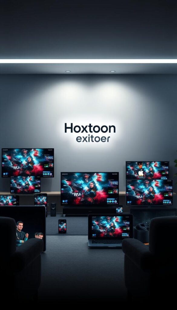 A stunning visual representation of multi-device streaming with the Hoxtoon Provider IPTV service. In the foreground, an array of modern electronic devices including smartphones, tablets, and smart TVs, all seamlessly connected and streaming vivid, high-definition content. The middle ground showcases the Hoxtoon Provider logo, prominently displayed, radiating a sense of technological prowess and reliability. The background is a sleek, minimalist setting, with clean lines and muted tones, creating a sophisticated and immersive atmosphere. Soft, directional lighting illuminates the scene, casting subtle shadows and highlights that enhance the depth and dimensionality of the image. The overall composition conveys the effortless integration of Hoxtoon Provider's IPTV service across a diverse range of devices, catering to the evolving needs of modern media consumption.