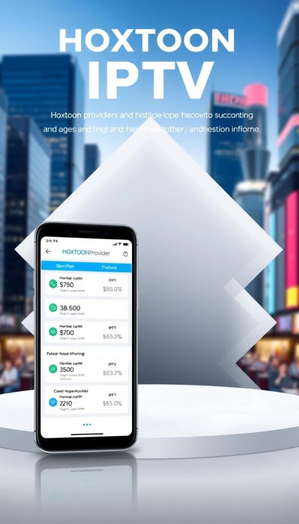 A stylish and modern illustration showcasing the HOXTOON Provider IPTV subscription plans. In the foreground, a sleek smartphone displays the various subscription options, with clear pricing and feature details. The middle ground features a clean, minimalist design with geometric shapes and soft gradients, creating a sense of sophistication. In the background, a blurred cityscape with skyscrapers and neon lights suggests the global reach and high-tech nature of the IPTV service. The overall tone is professional, visually striking, and conveys the reliable and comprehensive nature of the HOXTOON Provider IPTV offerings.