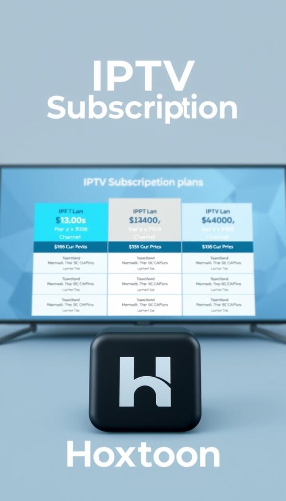 A stylish, modern, and informative infographic showcasing the IPTV subscription plans offered by the Hoxtoon Provider. The image has a clean, minimalist design with a neutral color palette of blues, grays, and whites. In the foreground, the Hoxtoon logo is prominently displayed, conveying the brand identity. The middle ground features a grid-like layout highlighting the different subscription tiers, including details such as the number of devices, channels, and pricing. The background has a subtle, soft-focus texture, creating a sense of depth and professionalism. Crisp, evenly-lit rendering with a wide-angle lens captures the full scope of the information, making it easy to read and understand at a glance. The overall mood is one of clarity, reliability, and high-quality IPTV services.