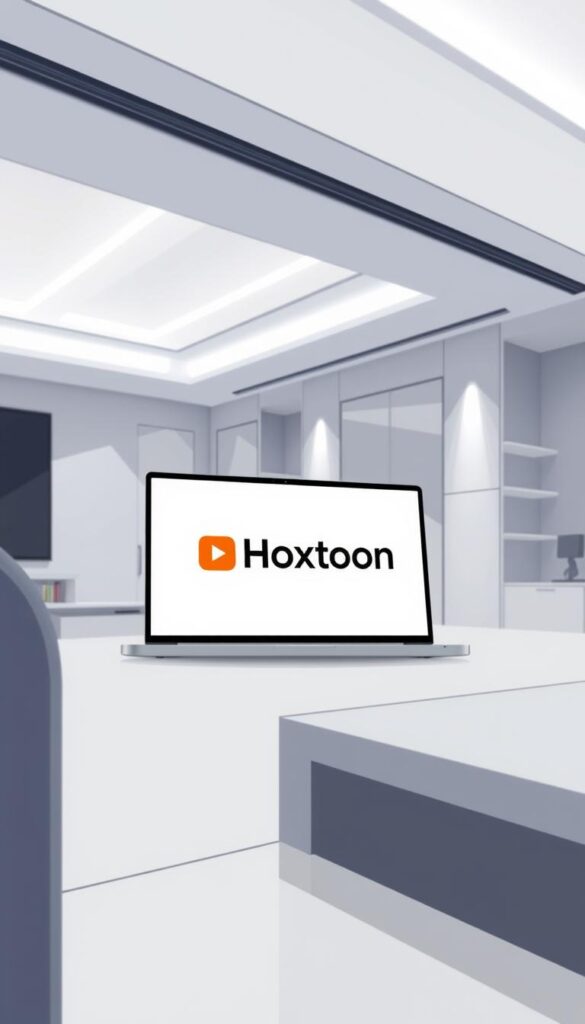 A stylish, professional-looking illustration of the "Hoxtoon Provider" IPTV service. The scene depicts a sleek, modern-looking laptop or tablet displaying the Hoxtoon logo and interface, set against a backdrop of a minimalist, high-tech interior with clean lines, neutral colors, and subtle lighting. The focus is on the device's screen, highlighting the service's user-friendly design and premium visual quality. The overall mood conveys a sense of sophistication, reliability, and cutting-edge technology befitting a leading IPTV provider.