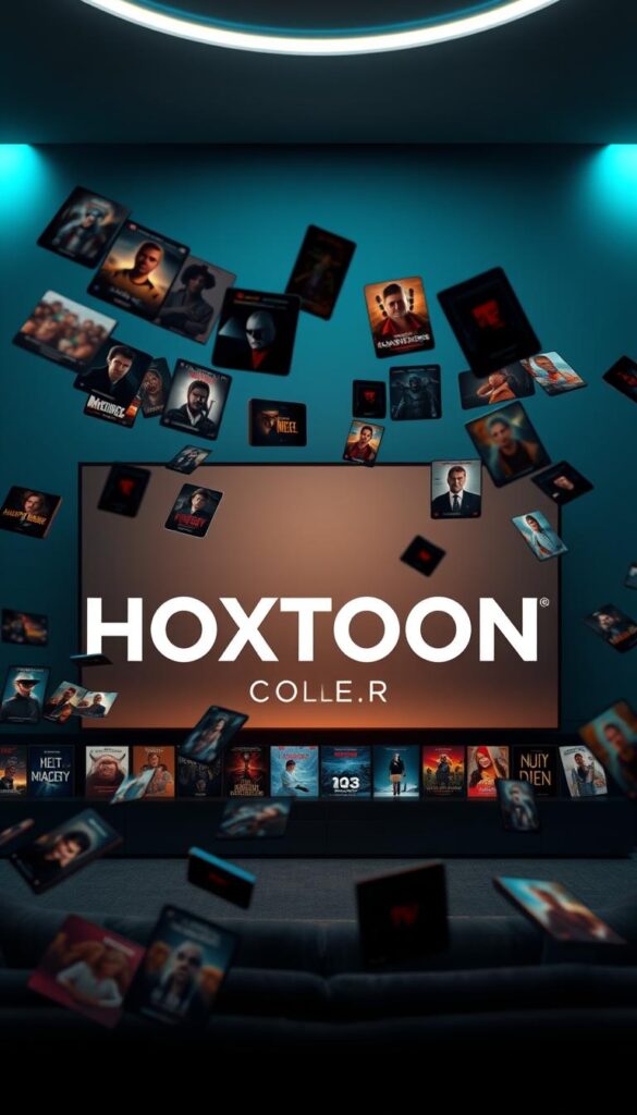A sweeping, cinematic view of the "HOXTOON VOD Collection" against a backdrop of a sleek, modern media center. In the foreground, a diverse array of movie and TV show thumbnails float effortlessly, their vibrant colors and sharp details drawing the eye. The middle ground features the prominent Hoxtoon Provider branding, rendered in a bold, eye-catching typeface. Subtle lighting casts a warm, inviting glow over the scene, creating a sense of depth and immersion. The background is a minimalist, high-tech environment, with clean lines and subtle gradients that suggest a state-of-the-art streaming platform. The overall composition conveys the vast, comprehensive nature of the HOXTOON VOD Collection, as well as the premium quality and cutting-edge technology of the Hoxtoon Provider brand.