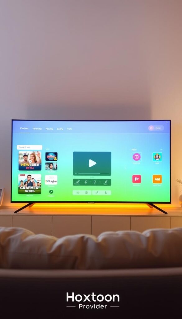 A user-friendly IPTV interface with a clean, modern design. In the foreground, a sleek, intuitive dashboard showcases a selection of popular channels and on-demand content, with clear icons and easy-to-navigate menus. The middle ground features a central video player with a minimalist control panel, allowing for seamless playback. In the background, a soft, gradient-based color scheme sets a calming, immersive atmosphere. Bright, natural lighting casts a warm glow, creating a welcoming and accessible visual experience. The Hoxtoon Provider logo is prominently displayed, reflecting the high-quality IPTV service.