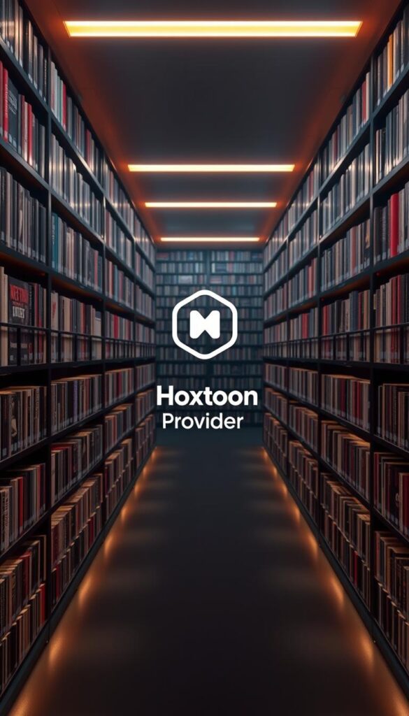 A vast and immersive VOD library, the Hoxtoon Provider presents an expansive collection of over 150,000 on-demand titles. Bathed in a warm, cinematic glow, the shelves stretch into the distance, meticulously organized by genre, offering an endless array of movies, shows, and documentaries. Sleek and modern interface design invites exploration, while subtle lighting casts an inviting atmosphere, drawing the viewer deeper into this vast digital repository of entertainment. Positioned centrally, the Hoxtoon Provider logo stands as a beacon, signifying the quality and breadth of content available at the fingertips of the discerning viewer.
