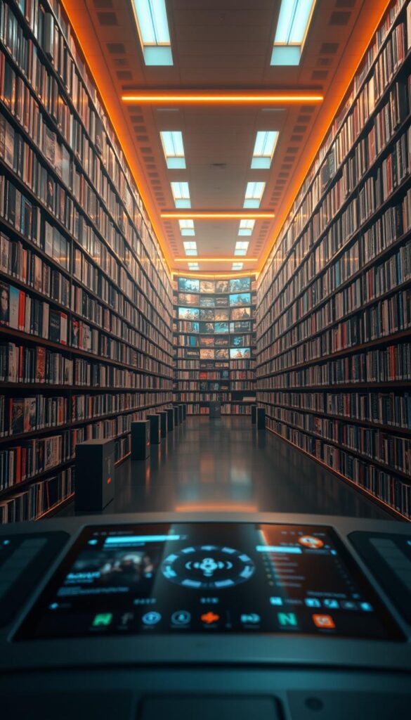 A vast and immersive entertainment hub, the Hoxtoon Provider content library showcases a mesmerizing array of over 150,000 video-on-demand titles and 21,000+ live channels. Bathed in warm, cinematic lighting, the library's shelves stretch into the distance, each meticulously curated section brimming with captivating films, series, and documentaries from around the world. In the foreground, a sleek, futuristic interface invites exploration, its intuitive design mirroring the breadth and depth of the collection. Subtle lens flare and depth of field create a sense of depth and grandeur, drawing the viewer deeper into this expansive digital sanctuary of entertainment.