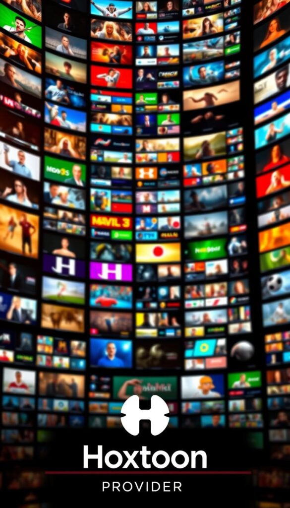 A vast and vibrant digital landscape, a cornucopia of entertainment options, the Hoxtoon Provider IPTV Channel Library. Towering stacks of screens, each a window into a world of content, arranged in a sleek, modern interface. Warm lighting casts a soft glow, drawing the eye towards the sheer breadth of choices - sports, movies, news, and beyond. In the foreground, a Hoxtoon Provider logo stands as a beacon, a symbol of the unparalleled service and unmatched selection. The depth of field blurs the background, focusing attention on the mesmerizing array of channels, each one a tempting invitation to explore the limitless possibilities of the Hoxtoon universe.