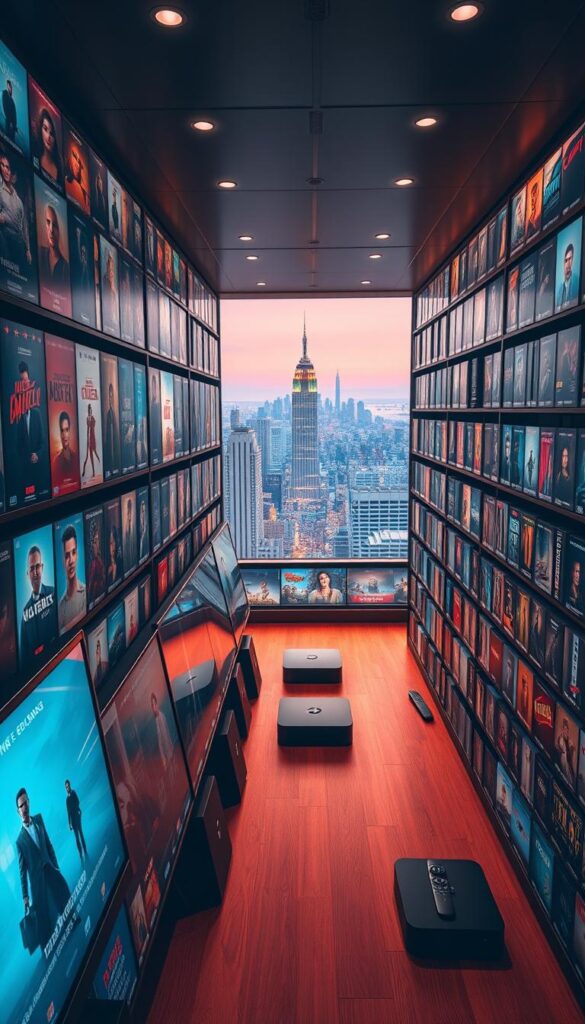 A vast and vibrant library of on-demand entertainment, illuminated by warm, cinematic lighting. In the foreground, rows of high-definition movie posters and digital thumbnails showcase the breadth of the Hoxtoon Provider's VOD collection, ranging from the latest blockbusters to classic films. The middle ground features sleek, modern streaming devices and remote controls, hinting at the seamless user experience. In the background, a panoramic view of a bustling city skyline, symbolizing the boundless access to content available at your fingertips. The overall atmosphere evokes a sense of discovery, convenience, and the thrill of endless entertainment possibilities.