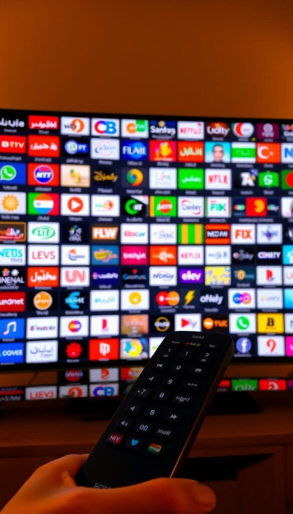 A vast array of Arabic IPTV channels displayed on a high-definition television screen, showcasing the Hoxtoon Provider's extensive collection. The screen is bathed in a warm, golden light, creating a cozy and inviting atmosphere. In the foreground, a sleek and modern remote control is prominently featured, hinting at the user-friendly interface of the Hoxtoon platform. The middle ground is filled with a variety of channel logos and icons, representing the diverse range of programming available, from news and entertainment to sports and movies. The background is softly blurred, allowing the viewer to focus on the captivating display of Arabic IPTV channels, a testament to the breadth and depth of the Hoxtoon Provider's offerings.