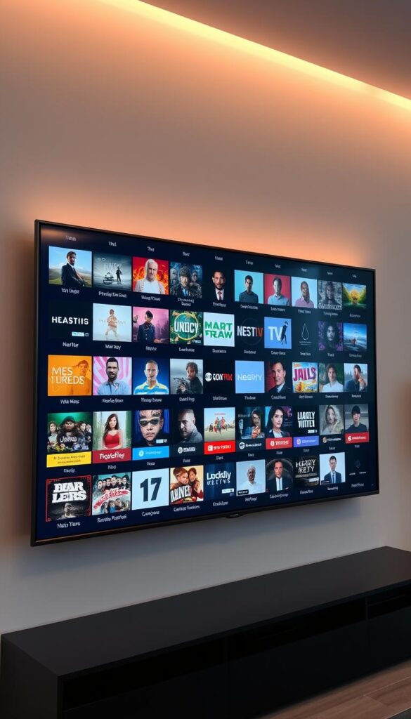 A vast array of IPTV channels displayed on a sleek, modern television screen. The screen is mounted on a minimalist, matte black wall unit, casting a warm, ambient light throughout the space. The channels are organized into neatly arranged grids, showcasing a wide variety of content from the Hoxtoon Provider's massive content library. The image has a clean, sophisticated aesthetic, with a focus on the high-quality display and the breadth of entertainment options available.