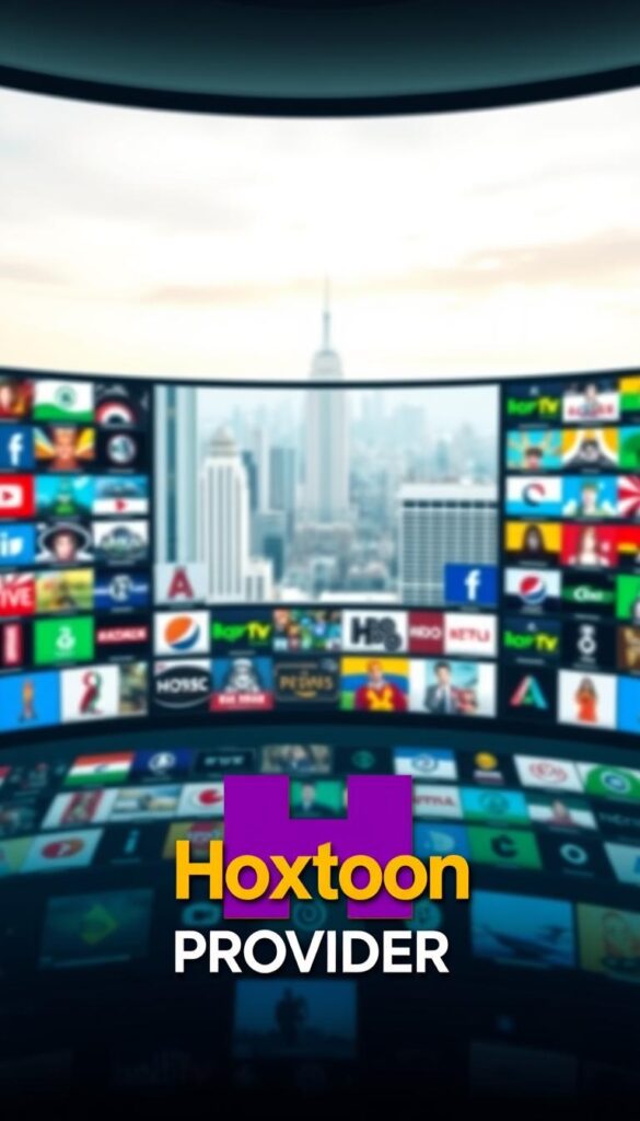 A vast array of IPTV channels spread across a sleek, modern interface, bathed in a soft, diffused light. In the foreground, the Hoxtoon Provider logo stands out prominently, its bold typography and vibrant colors commanding attention. The middle ground features a grid of channel icons, each one a tantalizing glimpse into the breadth of content available. In the background, a subtle, blurred cityscape sets the scene, hinting at the global reach of this comprehensive IPTV streaming service. The overall atmosphere is one of technological sophistication and entertainment abundance, inviting the viewer to dive into the immersive world of Hoxtoon's 21,000+ channel selection.