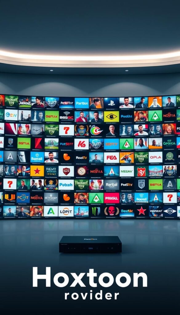 A vast array of high-definition IPTV channels, with the Hoxtoon Provider logo prominently displayed in the foreground. The channels are arranged in a dynamic grid, each with a distinct thumbnail and title, showcasing the breadth of content available. The background is a sleek, modern studio setting, with soft lighting and a minimalist aesthetic, creating a premium and professional atmosphere. The image captures the essence of Hoxtoon's impressive channel lineup, highlighting the depth and quality of the service.