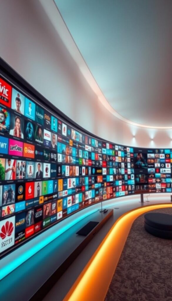 A vast array of premium IPTV channels stretches across a sleek, modern interface, showcasing the expansive content library of Hoxtoon Provider. Vibrant thumbnails and vivid icons create a visually stunning display, inviting the viewer to explore a world of entertainment. Soft lighting illuminates the scene, casting a warm and inviting glow, while a clean, minimalist design emphasizes the premium quality of the service. The overall atmosphere conveys a sense of sophistication and exclusivity, hinting at the elevated streaming experience Hoxtoon Provider offers.