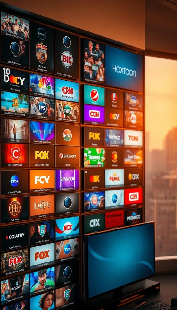 A vast array of television channels fills the screen, showcasing the Hoxtoon Provider's extensive lineup. The channels are organized into neat grids, each with vivid, high-definition graphics and logos. The scene is bathed in a warm, inviting light, creating a sense of quality and professionalism. In the background, a subtle, blurred cityscape can be seen, hinting at the breadth of Hoxtoon's coverage. The overall composition is clean, well-balanced, and designed to highlight the sheer variety of content available to Hoxtoon subscribers.