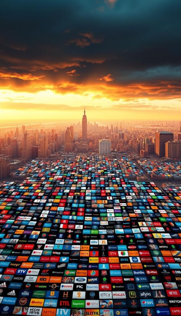 A vast, cinematic landscape showcasing the expansive content library of Hoxtoon Provider's IPTV service. In the foreground, a mosaic of vivid channel logos and icons, each representing the unparalleled diversity of over 21,000 channels. The middle ground features a panoramic view of various genre-specific content categories, from live news and sports to on-demand movies and TV shows. The background is a dramatic, hyper-realistic sky, bathed in warm, diffused lighting that creates a sense of grandeur and scale. The overall composition conveys the sheer magnitude and depth of Hoxtoon Provider's unrivaled content offering, a true testament to its position as the premier IPTV service in the USA.