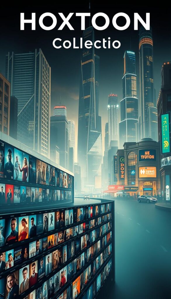 A vast, cinematic library of entertainment, the HOXTOON VOD Collection is a stunning display of Hoxtoon Provider's cinematic expertise. In the foreground, rows of 4K Ultra HD movie posters and TV show thumbnails populate a sleek, modern interface, inviting viewers to explore a vast catalog of over 150,000 titles. The middle ground showcases cinematic scenes from popular movies and series, their vibrant colors and detailed character portraits drawing the eye deeper into the collection. In the background, a towering, futuristic cityscape with gleaming skyscrapers and neon-lit streets creates a sense of scale and grandeur, reflecting the sheer breadth of content available on the Hoxtoon platform. Soft, diffused lighting casts a warm, inviting glow over the entire scene, lending a sense of cinematic wonder and endless possibilities for entertainment.