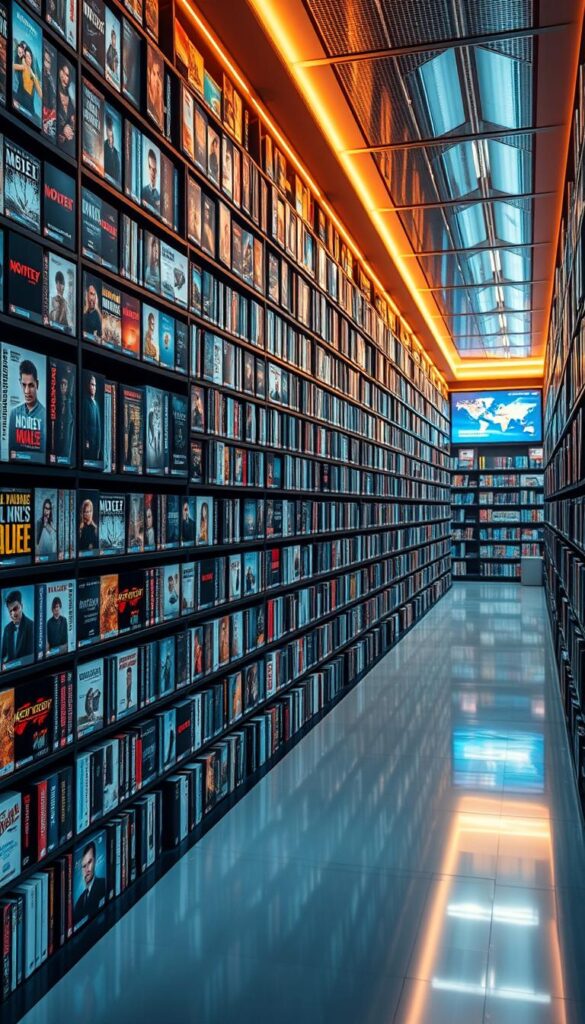 A vast collection of on-demand entertainment on the "Hoxtoon Provider" platform. An opulent, well-stocked media library with over 150,000 movie and TV titles, meticulously organized and presented in a sleek, modern interface. Gleaming shelves of digital content stretch out as far as the eye can see, bathed in a warm, inviting glow. Diverse genres and formats, from the latest blockbusters to classic films, documentaries to anime, all readily accessible at the user's fingertips. A visually striking, cinematic composition that captures the scale and depth of Hoxtoon's expansive VOD collection, enticing the viewer to explore and indulge in its vast, curated selection.