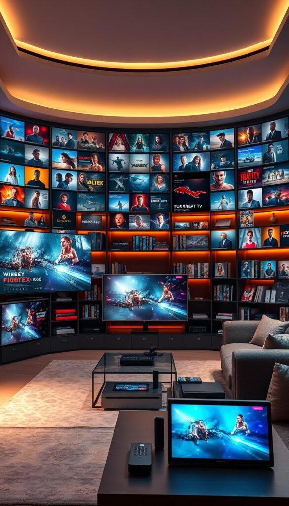 A vast content library, filled with high-quality TV streams from the Hoxtoon Provider, showcasing a diverse array of entertainment options. Sleek and modern televisions display vibrant, crystal-clear images, bathed in warm, cinematic lighting that creates a cozy, inviting atmosphere. The foreground features a sophisticated user interface, streamlined and intuitive, allowing seamless navigation through a curated selection of the latest blockbusters, popular series, and niche documentaries. In the middle ground, a range of smart devices, connected and synchronized, offer a seamless, cross-platform viewing experience. The background depicts a stylish, minimalist living room, where the boundless entertainment options of the Hoxtoon Provider take center stage, captivating the senses and elevating the home viewing experience to new heights.