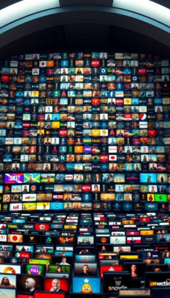 A vast digital library of IPTV content unfolds, showcasing the Hoxtoon Provider's premium offerings. In the foreground, rows of vibrant channel icons dance across the screen, representing the 21,000+ live TV channels available. Behind them, a towering wall of thumbnails depicts the impressive collection of 150,000+ on-demand videos, ranging from the latest blockbusters to classic movies and TV shows. The scene is bathed in a warm, cinematic lighting, creating a sense of depth and grandeur. The camera angle is slightly elevated, allowing the viewer to take in the sheer scale and breadth of the content library. The overall atmosphere evokes a feeling of boundless entertainment, ready to be unlocked by the user.