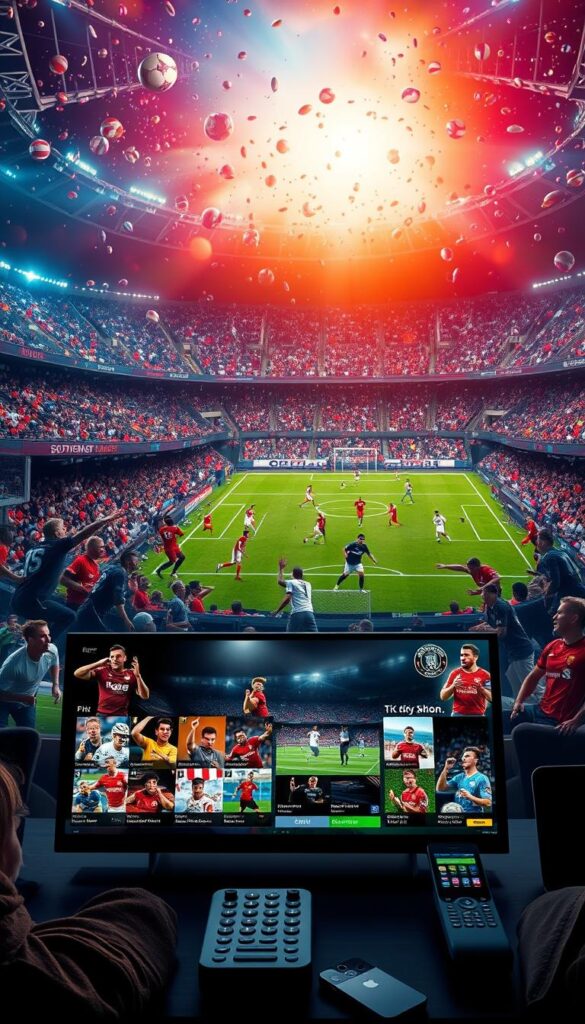 A vast expanse of sports content, available on-demand, with the Hoxtoon Provider. In the foreground, a sleek, high-definition streaming interface showcases a diverse array of live and pre-recorded sporting events, from popular leagues to niche competitions. The middle ground features an array of remote controls and smart devices, seamlessly integrated for a seamless viewing experience. In the background, a vibrant tapestry of sports imagery - athletes in motion, stadiums in full swing, and the energy of the game pulsing through the scene. Vibrant colors, dynamic lighting, and a sense of motion create an immersive, cinematic atmosphere, inviting the viewer to dive into the world of on-demand sports content.