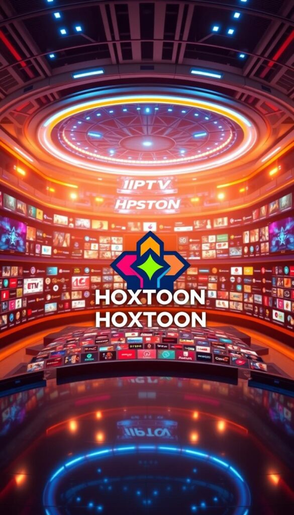 A vast, gleaming media hub showcases the HOXTOON IPTV Channels library, a sprawling expanse of entertainment options. In the foreground, a stylized HOXTOON Provider logo takes center stage, its sleek design and vibrant colors drawing the eye. The middle ground reveals a curated selection of channel icons, each representing a unique genre or niche, from live news and sports to the latest blockbuster movies and binge-worthy TV shows. The background depicts a futuristic, high-tech environment, with digital displays and holographic interfaces hinting at the sheer scale and sophistication of the HOXTOON platform. Warm, dynamic lighting casts an inviting glow, while a sense of depth and dimension creates an immersive, cinematic atmosphere.