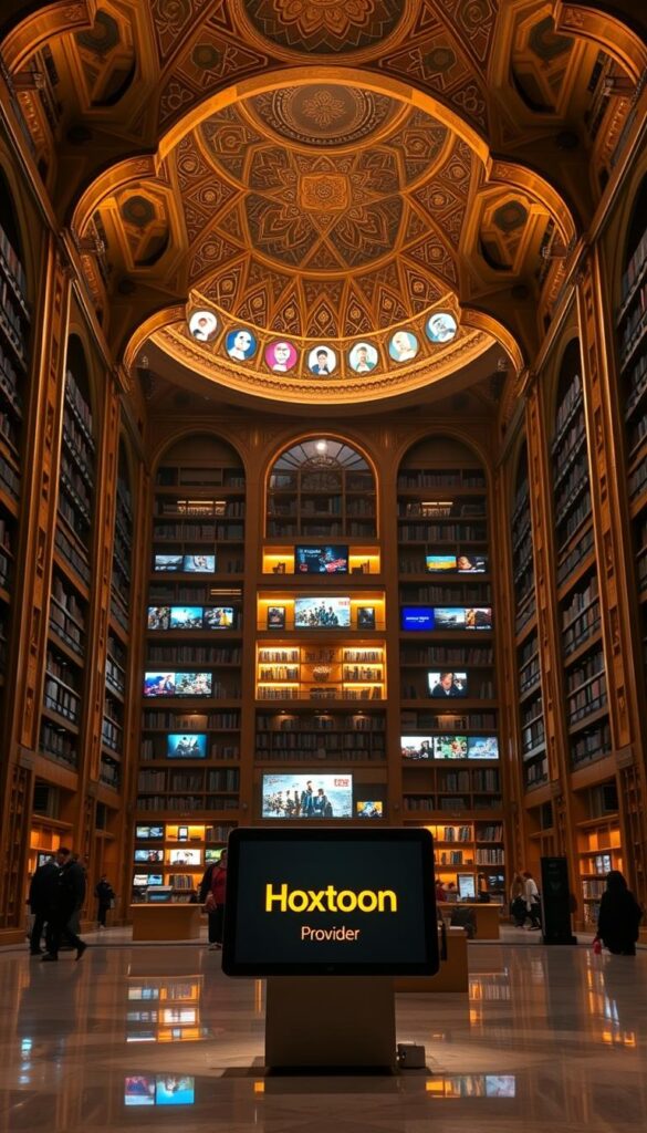 A vast, grand library interior with ornate Arabic architectural details, featuring a central open area with shelves of digital devices and screens displaying movie and TV show thumbnails, casting a warm glow. In the foreground, a display showcasing the "Hoxtoon Provider" brand. Lighting is soft and ambient, creating a welcoming and immersive atmosphere. The overall scene conveys a sense of expansive entertainment, cultural richness, and technological sophistication.