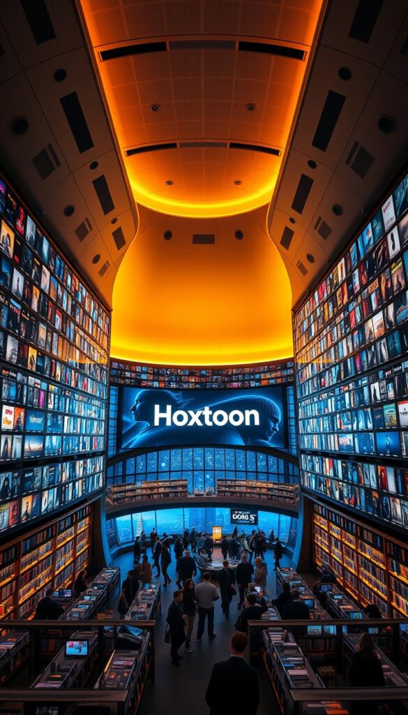 A vast, illuminated media library showcasing the Hoxtoon Provider VOD collection. The cavernous, high-ceilinged space is bathed in a warm, cinematic glow, with rows of shelves displaying an endless array of movie and TV show covers. In the foreground, a large, curved central display showcases the Hoxtoon brand and logo, framed by sleek, minimalist architecture. The middle ground is filled with people browsing the extensive catalog, their faces lit by the vibrant digital screens. In the background, floor-to-ceiling windows offer a panoramic view of a futuristic city skyline, hinting at the global scale and reach of the Hoxtoon entertainment platform.