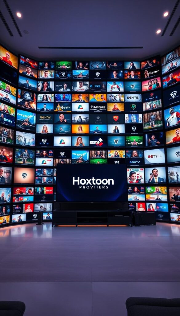 A vast, immersive content library, the Hoxtoon Provider IPTV service offers over 21,000 channels spanning diverse genres. Captured in a sleek, modern studio setting, the image showcases a towering wall of high-definition screens, each displaying a unique channel or program. Soft, diffused lighting creates an inviting atmosphere, while the camera angle emphasizes the sheer scale and breadth of Hoxtoon's impressive content offerings. In the foreground, a central display showcases the Hoxtoon brand logo, subtly highlighting the provider's identity. The overall composition conveys a sense of premium quality, cutting-edge technology, and an unparalleled entertainment experience.