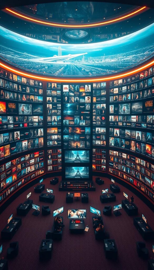 A vast, immersive library of cinematic grandeur, the HOXTOON VOD collection stands as a masterpiece of entertainment. Bathed in warm, cinematic lighting, rows of sleek, high-definition displays showcase a vast mosaic of movie posters, TV show thumbnails, and captivating cover art, inviting the viewer to explore the depths of the Hoxtoon Provider's unparalleled selection. The foreground is dominated by a central, towering display, showcasing the breadth of the library, while the middle ground features various seating areas and cozy nooks where patrons can immerse themselves in the digital trove. In the background, a sweeping, panoramic vista reveals the scale and scope of this cinematic wonderland, creating a sense of wonder and discovery.