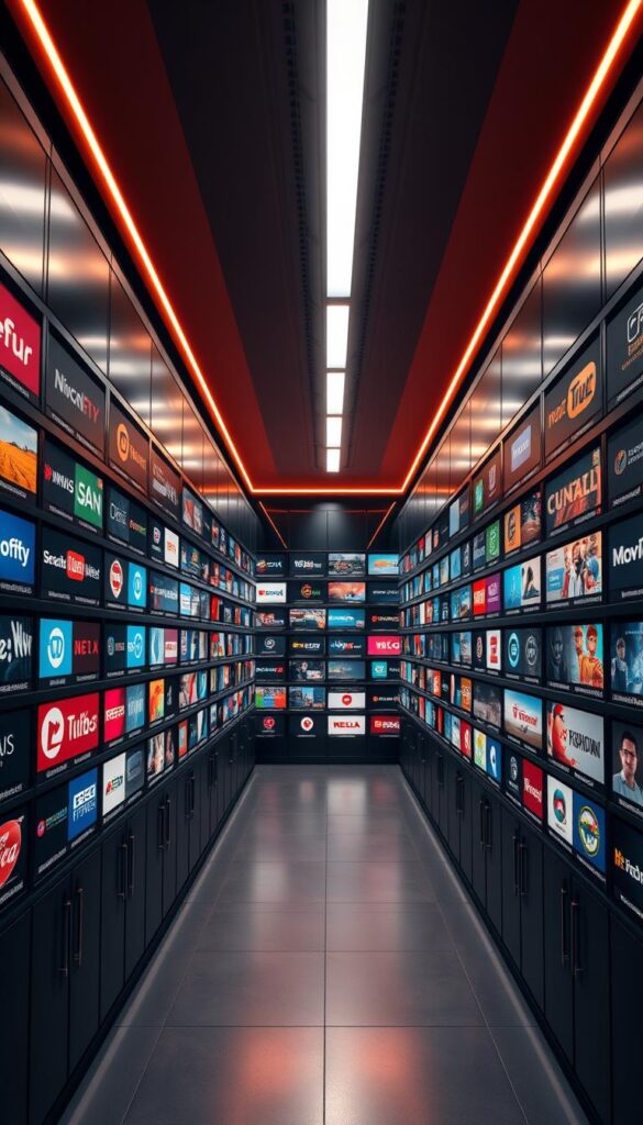 A vast, meticulously curated library of over 21,000 live TV channels and 150,000 on-demand videos, all seamlessly integrated into the Hoxtoon Provider interface. Sleek, high-contrast shelves and cabinets in a modern, minimalist studio setting, bathed in warm, directional lighting that accentuates the crisp, vivid channel logos and thumbnails. A sense of depth and scale, conveying the sheer breadth and depth of Hoxtoon's content ecosystem. The overall atmosphere is one of technological sophistication, content abundance, and user-friendly accessibility.
