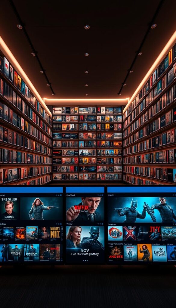 A vast, meticulously organized library of movies and shows, the Hoxtoon Provider VOD collection spreads out before the viewer. Rows of digital shelves stretch into the distance, each stocked with hundreds of titles in vivid 4K detail. Soft, directional lighting illuminates the sleek, modern interface, casting a warm glow across the scene. In the foreground, a selection of popular new releases and trending titles are prominently displayed, beckoning the viewer to explore the Hoxtoon Provider's unparalleled entertainment options. The overall atmosphere conveys a sense of endless possibilities and cinematic wonder, inviting the viewer to get lost in Hoxtoon's extensive VOD library.