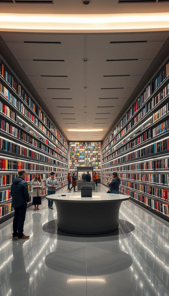 A vast, modern library of over 150,000 on-demand video titles, meticulously curated by the Hoxtoon Provider team. Rows of sleek, backlit shelves stretch into the distance, their contents illuminated by a soft, diffused lighting that creates a warm, inviting atmosphere. In the foreground, a large, curved information desk stands, its glossy surface reflecting the carefully arranged displays. The library's high ceilings and expansive floor plan convey a sense of grandeur and abundance, while the clean, minimalist design elements lend an air of sophistication. Patrons peruse the vast collection, their faces aglow with the possibilities offered by the Hoxtoon Provider's unparalleled VOD library.