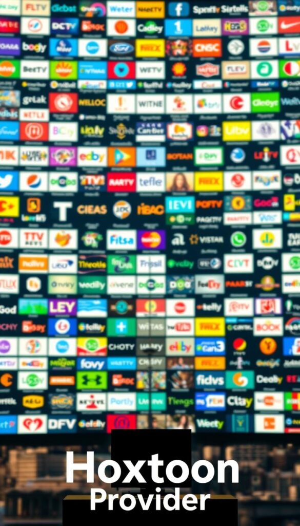 A vast, sprawling array of IPTV channels from across the UK, displayed in a vibrant, visually striking manner. The scene is illuminated by warm, natural lighting, casting a soft glow over the channels' logos and icons. The channels are neatly organized in a grid-like formation, each one distinct and easily recognizable. In the foreground, the Hoxtoon Provider logo stands prominently, showcasing the service's role in delivering this unparalleled content library. The background features a subtle, blurred cityscape, hinting at the diverse range of programming available. The overall composition conveys a sense of abundance, quality, and the seamless integration of IPTV technology within the UK's entertainment landscape.