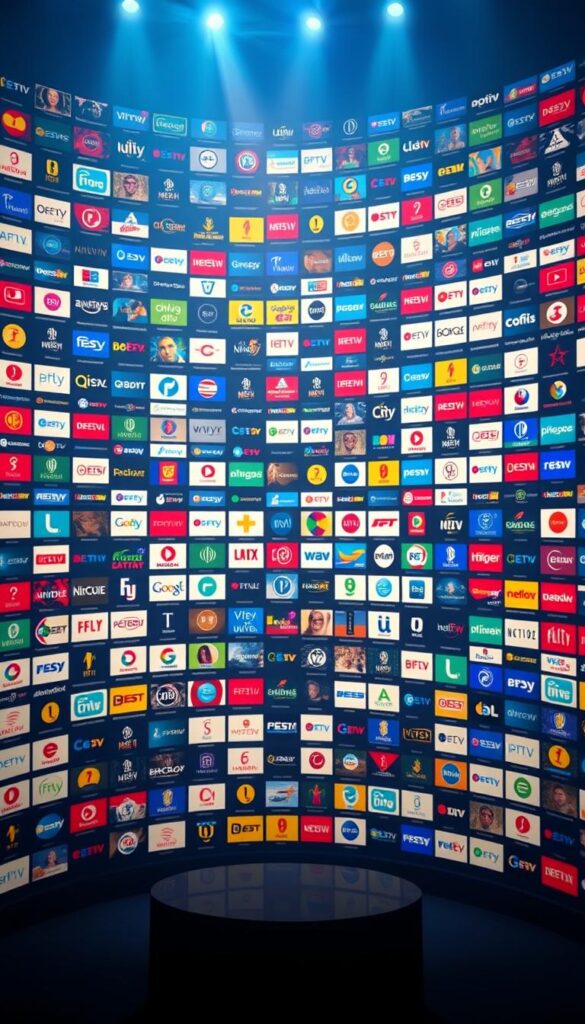 A vast, vibrant grid of countless IPTV channel logos, icons, and thumbnails, spanning an expansive, cinematic display. Sleek, minimalist design in deep, rich tones of blue and gold, with a subtle, elegant Hoxtoon Provider branding. Dynamic, high-contrast lighting casts a warm, cinematic glow, emphasizing the breadth and depth of the premium content library. The composition is balanced and visually striking, drawing the viewer's eye to the sheer scale and variety of the offering. An atmosphere of sophistication, exclusivity, and cinematic grandeur permeates the scene.