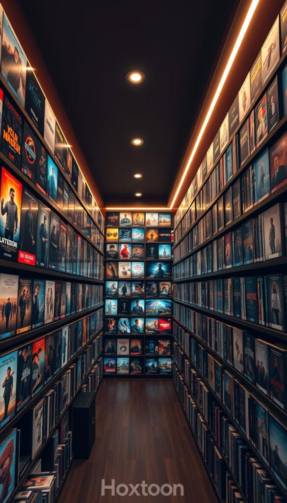 A vast, well-organized VOD collection with rows of movie posters and TV show thumbnails, showcasing the breadth of Hoxtoon Provider's extensive library. The shelves are illuminated by warm, focused lighting, creating a cozy and inviting atmosphere. The camera angle offers a bird's-eye view, allowing the viewer to take in the expansive nature of the collection. Sleek, modern design elements and the prominent Hoxtoon Provider branding convey a sense of professionalism and high-quality content. The overall scene evokes a sense of anticipation and excitement for the diverse entertainment options available through the Hoxtoon Provider platform.