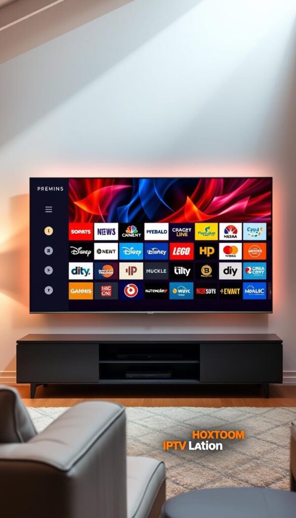 A vibrant and captivating display of the Hoxtoon Provider's premium IPTV Latino channels. The scene features a sleek, modern television screen showcasing a diverse array of channel logos, from news and sports to movies and entertainment. Soft, diffused lighting illuminates the screen, creating a warm and inviting atmosphere. The background is a stylish, minimalist living room setting, with clean lines and neutral tones that complement the striking visuals on the screen. The entire composition conveys a sense of high-quality, immersive entertainment for the discerning Latino viewer.