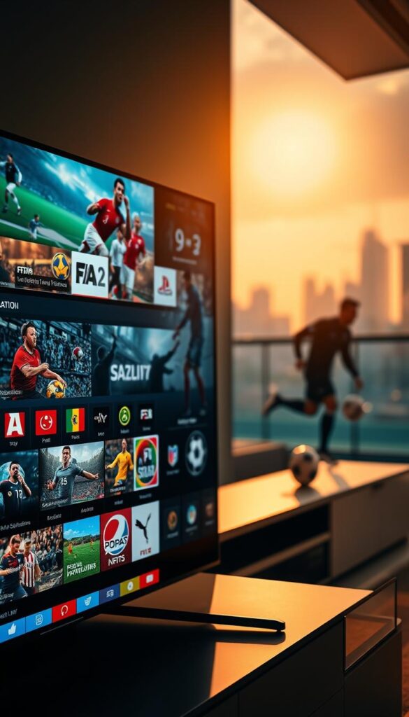 A vibrant and cinematic sports entertainment scene, showcasing a variety of IPTV sports channels from the Hoxtoon Provider. In the foreground, a sleek and modern sports streaming interface, with dynamic graphics and live match footage. The middle ground features various sports icons, logos, and silhouettes of athletes in action. The background is a subtly blurred cityscape, hinting at the global reach and connectivity of the IPTV platform. The lighting is warm and inviting, creating a sense of energy and excitement. The overall composition and lens work capture the immersive and engaging nature of the ultimate IPTV sports viewing experience.