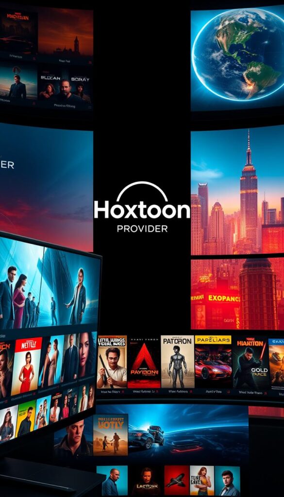 A vibrant and cinematic vod collection by Hoxtoon Provider, the leading IPTV service. In the foreground, a sleek and modern interface displays a diverse array of movie and TV show thumbnails, beckoning viewers to explore the vast Hoxtoon library. The middle ground features a prominent Hoxtoon Provider logo, radiating a sense of quality and authority. The background depicts a futuristic cityscape, hinting at the global reach and technological prowess of the Hoxtoon platform. Warm lighting and dynamic camera angles create a sense of depth and immersion, inviting the viewer to dive into the Hoxtoon VOD experience.