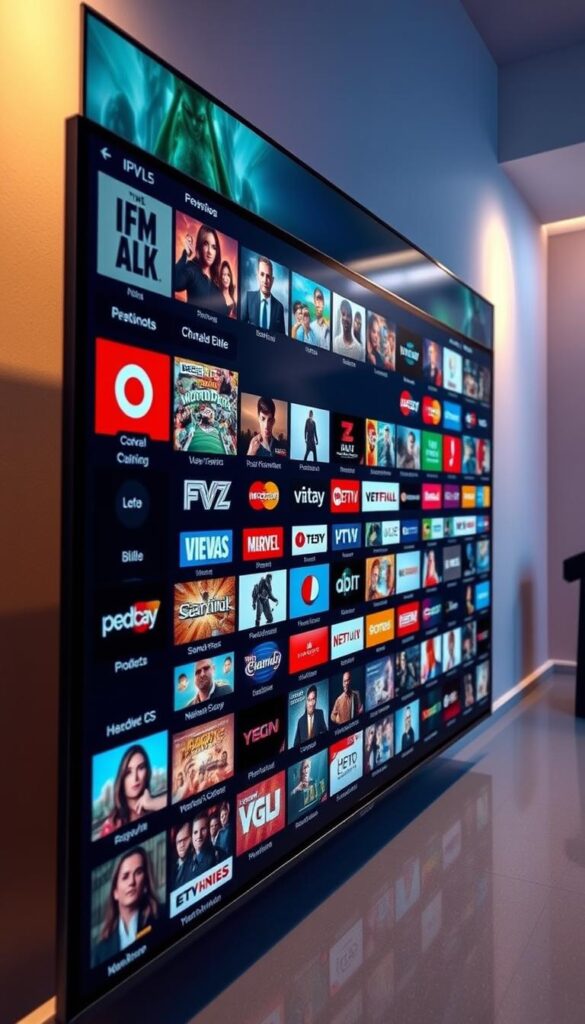 A vibrant and comprehensive IPTV channel lineup, featuring a wide array of premium entertainment options. A detailed on-screen grid showcases the extensive 21,000+ channel selection, organized into distinct categories for easy navigation. The sleek, modern interface designed by the Hoxtoon Provider offers a seamless viewing experience, with high-quality visuals and an intuitive layout. Soft, diffused lighting illuminates the display, creating a warm and inviting atmosphere. The camera angle captures the breadth and depth of the channel lineup, highlighting the remarkable content diversity available to subscribers.