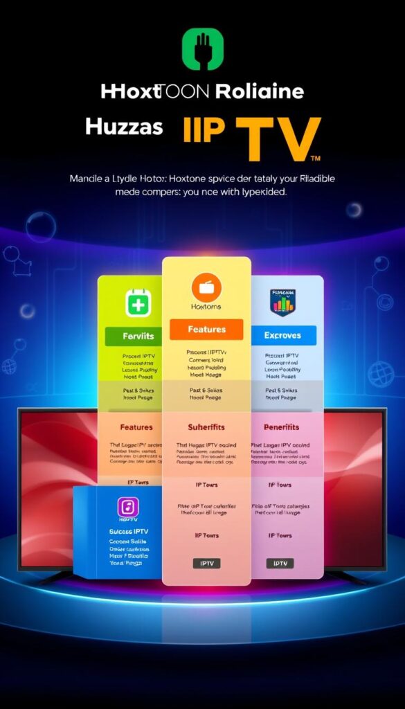 A vibrant and detailed illustration of Hoxtoon Provider's IPTV subscription plans, showcasing their diverse offerings in a visually appealing manner. The image features a sleek and modern design, with a clean layout that highlights the key plan details. In the foreground, three distinct IPTV subscription packages are prominently displayed, each with its own unique icon and color scheme. The middle ground showcases the features and benefits of each plan, presented in a clear and concise manner. The background subtly incorporates elements that convey the reliable and cutting-edge nature of Hoxtoon Provider's IPTV services, such as subtle network diagrams or glowing technological motifs. The overall mood is one of professionalism, accessibility, and a commitment to providing the best IPTV experience for customers.