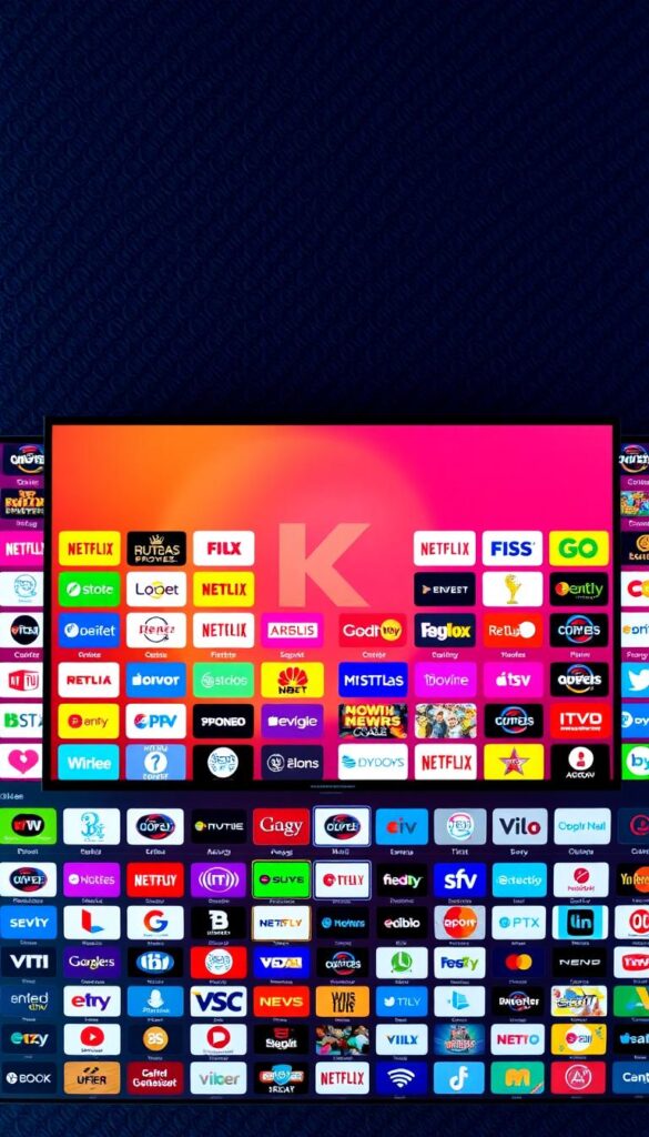 A vibrant and dynamic IPTV channel grid, showcasing the expansive offerings of the Hoxtoon Provider. In the foreground, a sleek and modern user interface displays a mosaic of channel logos, each pulsing with a subtle glow. The middle ground features a diverse array of content genres, from live news and sports to popular movies and shows. The background is a richly-textured, abstract pattern, evoking a sense of technological sophistication. Soft, directional lighting illuminates the scene, creating depth and emphasizing the clean, minimalist design. The overall atmosphere conveys the convenience, flexibility, and unparalleled entertainment options that the Hoxtoon Provider delivers.