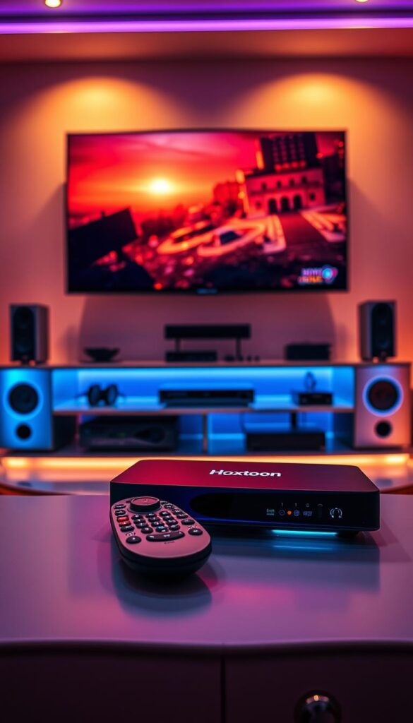 A vibrant and dynamic IPTV streaming setup, featuring sleek modern devices and a high-tech display showcasing the Hoxtoon Provider brand. The scene is bathed in a warm, cinematic lighting, creating a sense of technological sophistication. In the foreground, a state-of-the-art streaming box and remote control take center stage, hinting at the seamless viewing experience. The middle ground showcases a widescreen TV displaying sharp, vibrant video, while the background depicts a minimalist home entertainment setup, complete with high-end audio equipment. The overall atmosphere conveys the power, reliability, and premium quality of the Hoxtoon IPTV service.