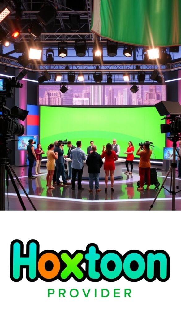 A vibrant and dynamic Latin-American television network setting, featuring the prominent logo and branding of the "Hoxtoon Provider" in the foreground. The scene showcases a sleek and modern studio setup, with high-tech cameras, lighting equipment, and a large green screen backdrop. In the middle ground, a diverse group of news anchors, reporters, and production staff are engaged in various activities, creating a sense of energy and activity. The background depicts a cityscape of skyscrapers and vibrant Hispanic cultural elements, conveying a sense of the network's connection to the Latin-American community. The overall scene is illuminated by a warm, inviting lighting scheme that enhances the professional and polished atmosphere of the Hoxtoon Provider's television network.