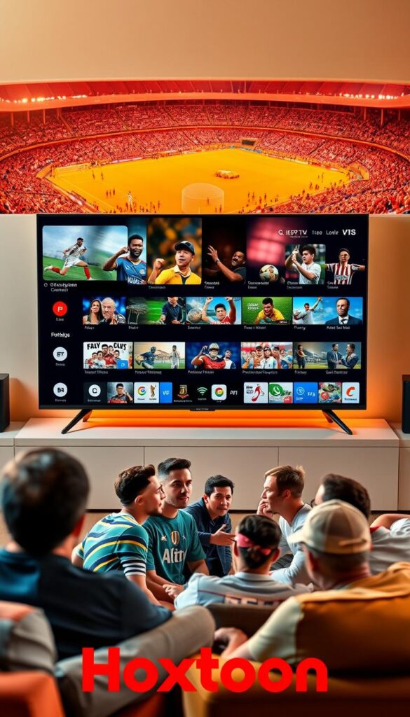 A vibrant and dynamic image depicting the "Free Popular IPTV Playlist Sports Options with Hoxtoon Provider". In the foreground, a sleek and modern smart TV displays various sports channels and events, showcasing the breadth of content available through the Hoxtoon IPTV service. The middle ground features a group of sports enthusiasts gathered around the TV, their expressions conveying excitement and anticipation. In the background, a sports arena with fans cheering in the stands sets the tone for the energetic and immersive viewing experience. The lighting is warm and inviting, creating a sense of comfort and enjoyment. The overall composition and attention to detail capture the essence of the free IPTV playlist, highlighting the convenience and accessibility of Hoxtoon's sports-focused offerings.