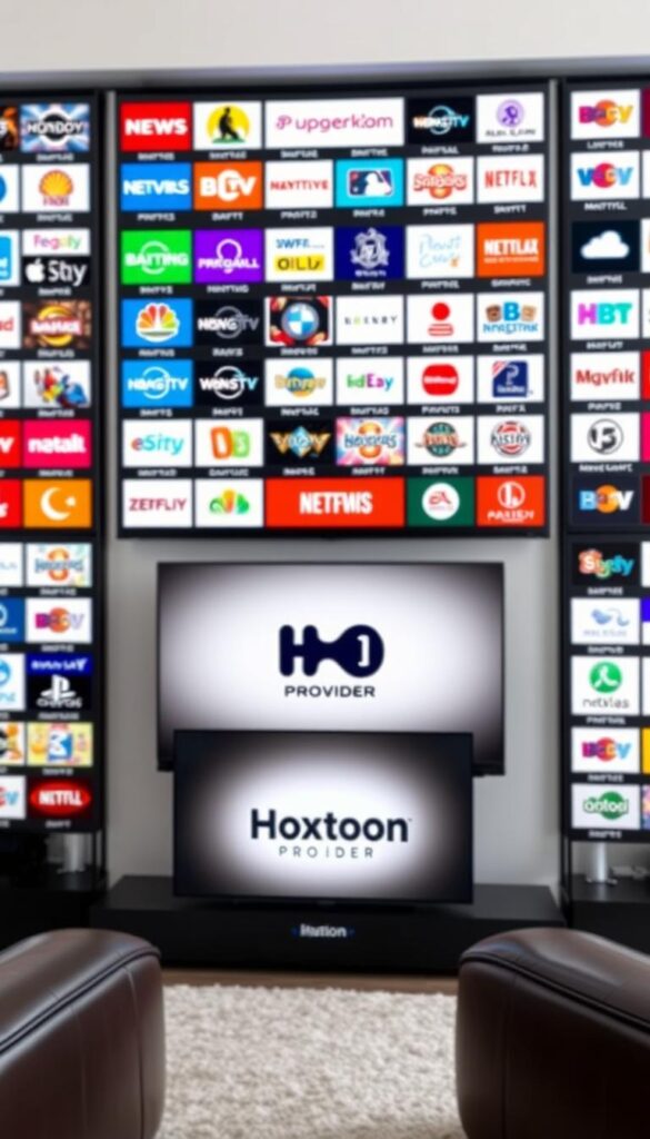 A vibrant and dynamic image of a wide array of IPTV channels, showcasing the extensive channel lineup of the Hoxtoon Provider service. The foreground features a sleek and modern television screen displaying a diverse selection of channel logos, from news and sports to entertainment and lifestyle. The middle ground depicts a stylish, minimalist entertainment setup, with the Hoxtoon Provider logo prominently displayed. The background is filled with a clean, white ambiance, creating a sense of sophistication and professionalism. The lighting is soft and diffused, highlighting the clarity and vibrancy of the channel icons. The camera angle is slightly elevated, giving the viewer a comprehensive and compelling view of the comprehensive channel selection available through the Hoxtoon Provider IPTV service.