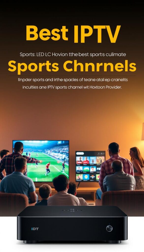 A vibrant and dynamic image showcasing the best IPTV sports channels, captured with a high-quality cinematic lens. In the foreground, a group of passionate sports fans gather around a large, state-of-the-art LED television, engrossed in the live action unfolding on the screen. The middle ground features a sleek and modern media hub, the Hoxtoon Provider, prominently displayed, with its intuitive interface and wide selection of sports channels. The background is a stylish and minimalist living room, bathed in warm, natural lighting, creating a cozy and inviting atmosphere. The overall scene conveys the excitement and convenience of accessing the ultimate IPTV sports experience with Hoxtoon Provider.