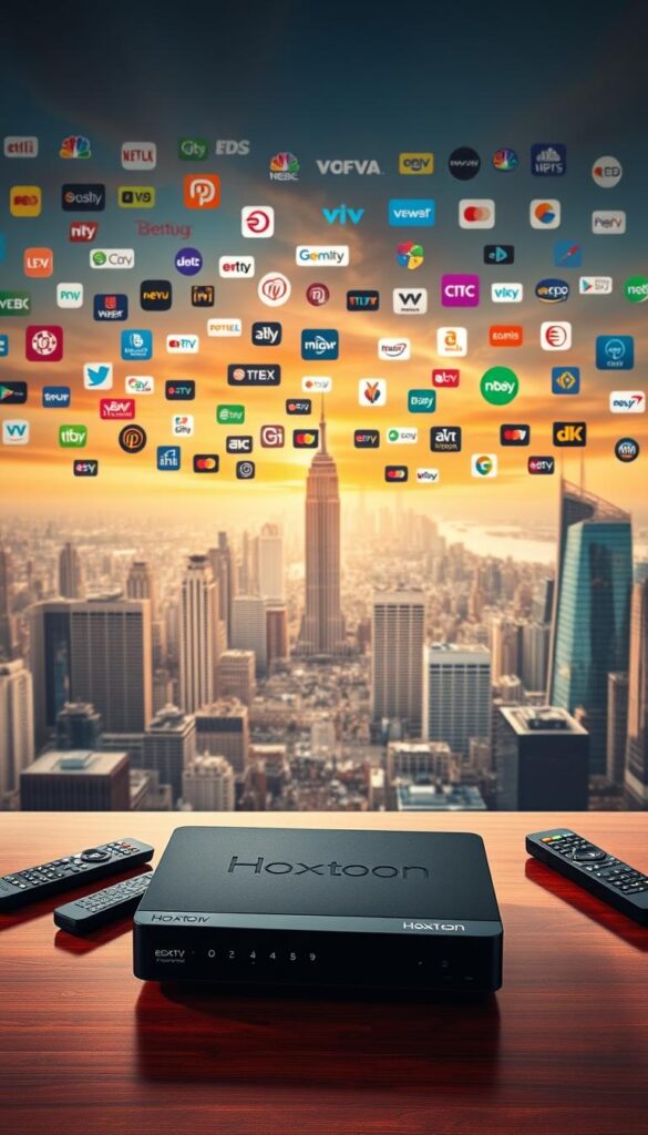 A vibrant and dynamic image showcasing the rise of premium IPTV services in the USA. In the foreground, a sleek and modern Hoxtoon Provider set-top box sits atop a polished wooden surface, surrounded by a array of remote controls and various streaming devices. The middle ground features a sprawling cityscape, with towering skyscrapers and bustling streets, representing the growing demand for high-quality, reliable IPTV services. In the background, a colorful array of channel logos and digital interfaces float, highlighting the vast selection of premium content available through these cutting-edge IPTV platforms. The scene is bathed in a warm, cinematic lighting, conveying a sense of sophistication and technological advancement.