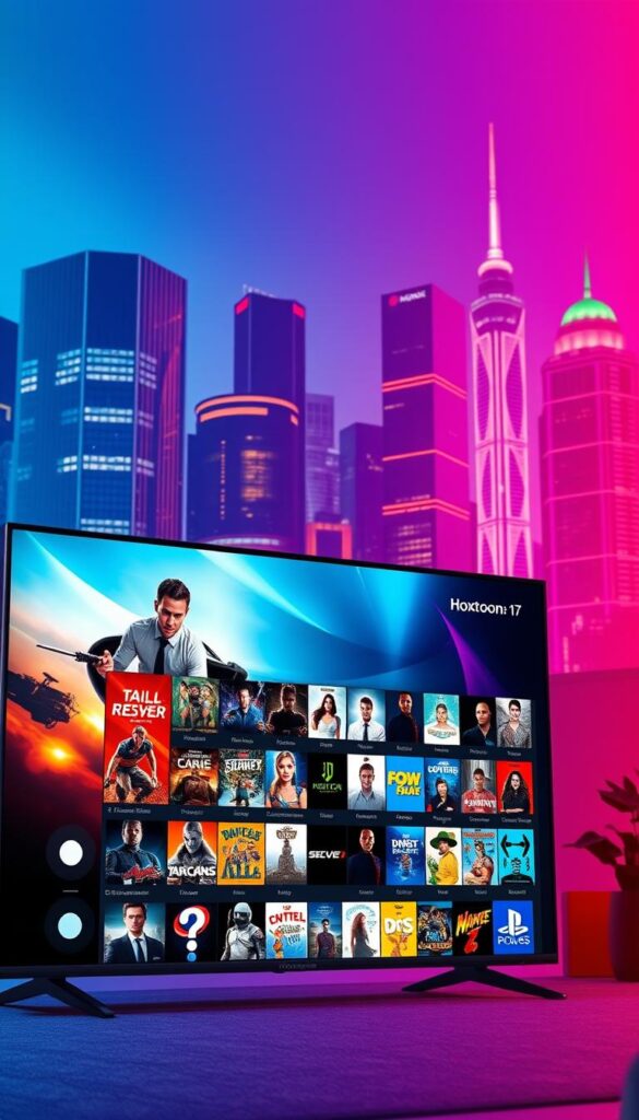 A vibrant and dynamic scene showcasing the Hoxtoon Provider IPTV platform. In the foreground, a sleek and modern TV screen displays a vast selection of on-demand entertainment, with a vibrant color palette and high-definition visuals. The middle ground features a diverse array of content genres, from action-packed movies to captivating documentaries, all at the user's fingertips. In the background, a stylized cityscape with towering skyscrapers and neon lights sets the scene, evoking a sense of urban sophistication and technological innovation. The lighting is warm and inviting, creating a welcoming atmosphere for the viewer to immerse themselves in the Hoxtoon Provider's premium IPTV experience.