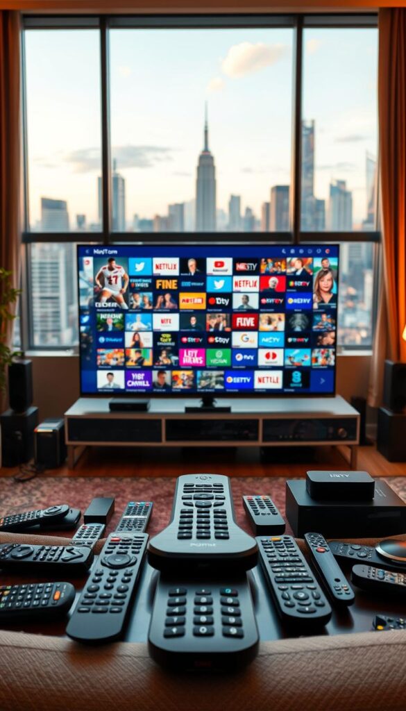 A vibrant and dynamic scene showcasing the Hoxtoon Provider IPTV service. In the foreground, a sleek and modern home entertainment system takes center stage, surrounded by a myriad of remote controls and streaming devices. The middle ground features a large, high-definition television displaying a diverse array of live channels, from news and sports to movies and entertainment. In the background, a cityscape of skyscrapers and urban landscapes is visible through large windows, conveying a sense of global connectivity and the expansive nature of the Hoxtoon Provider's content offerings. The lighting is warm and inviting, creating a cozy and immersive atmosphere. The overall composition suggests the convenience, quality, and unparalleled selection of the Hoxtoon Provider IPTV service, catering to the diverse entertainment needs of modern audiences.