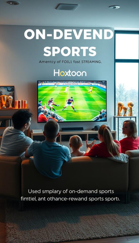 A vibrant and dynamic scene showcasing the joy of on-demand sports streaming. In the foreground, a group of friends gathered around a large, high-definition television, intently watching a thrilling live match. Soft, warm lighting illuminates their engaged expressions, creating an atmosphere of excitement and camaraderie. In the middle ground, various sports memorabilia and trophies adorn the shelves, hinting at the breadth of content available. The background features a modern, minimalist living room setting, with sleek, contemporary furniture and a large window allowing natural light to flood the space. The Hoxtoon Provider logo prominently displayed, signifying the seamless access to a vast library of on-demand sports content. Prompt